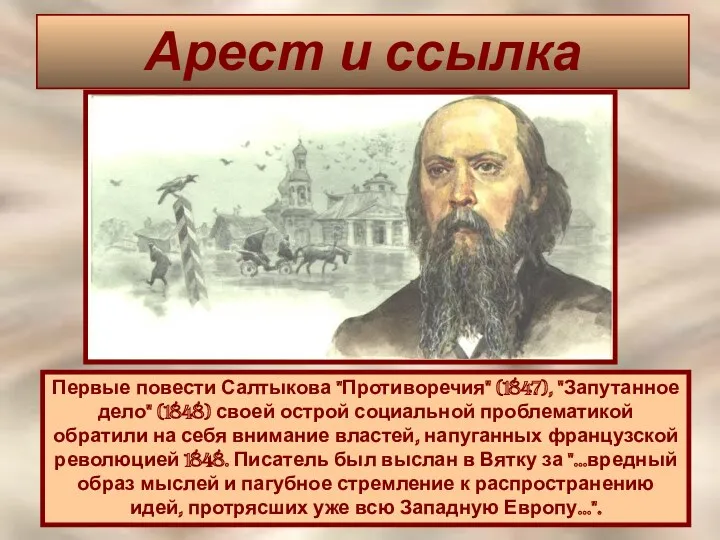 Арест и ссылка Первые повести Салтыкова "Противоречия" (1847), "Запутанное дело"