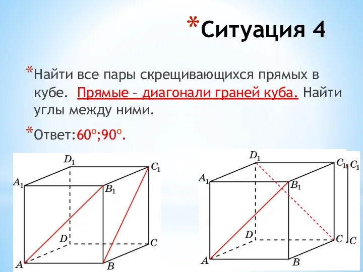 Ситуация 4 Найти все пары скрещивающихся прямых в кубе. Прямые – диагонали граней