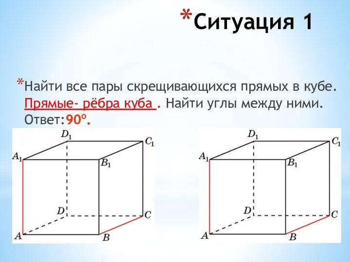 Ситуация 1 Найти все пары скрещивающихся прямых в кубе. Прямые- рёбра куба .