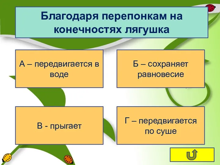 Благодаря перепонкам на конечностях лягушка А – передвигается в воде