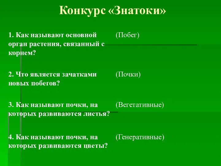 Конкурс «Знатоки» (Генеративные) 4. Как называют почки, на которых развиваются