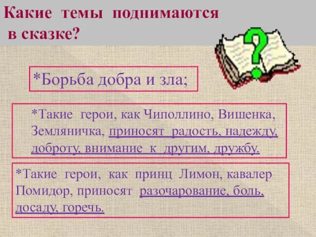 Какие темы поднимаются в сказке? *Борьба добра и зла; *Такие герои, как Чиполлино,