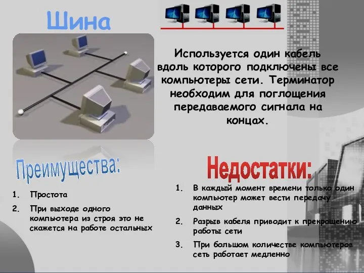 Шина Используется один кабель вдоль которого подключены все компьютеры сети.