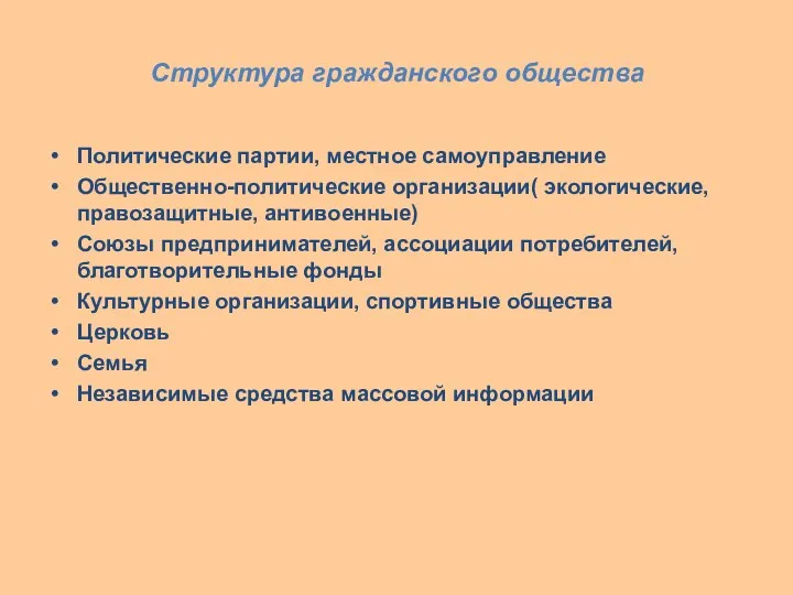 Структура гражданского общества Политические партии, местное самоуправление Общественно-политические организации( экологические,