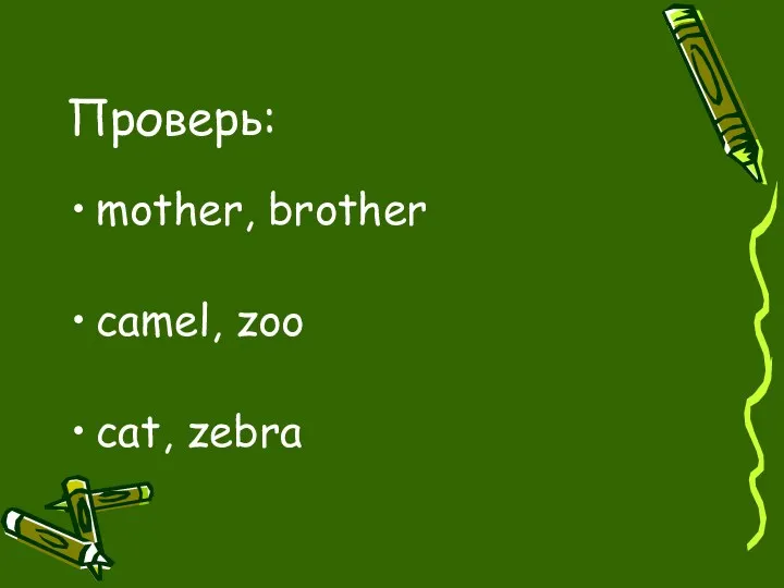 Проверь: mother, brother camel, zoo cat, zebra