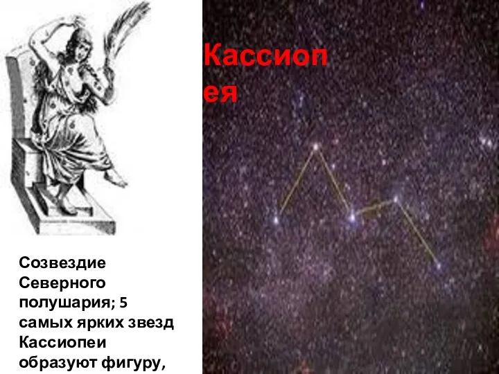 Кассиопея Созвездие Северного полушария; 5 самых ярких звезд Кассиопеи образуют фигуру, похожую на букву М.
