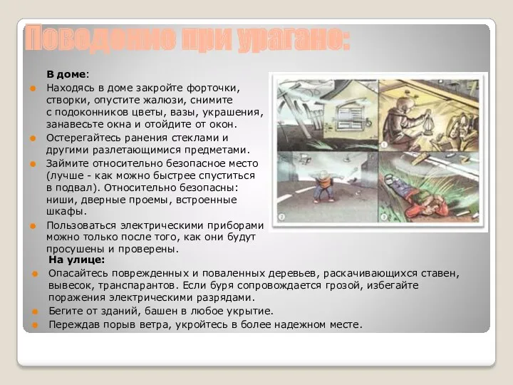 Поведение при урагане: На улице: Опасайтесь поврежденных и поваленных деревьев,