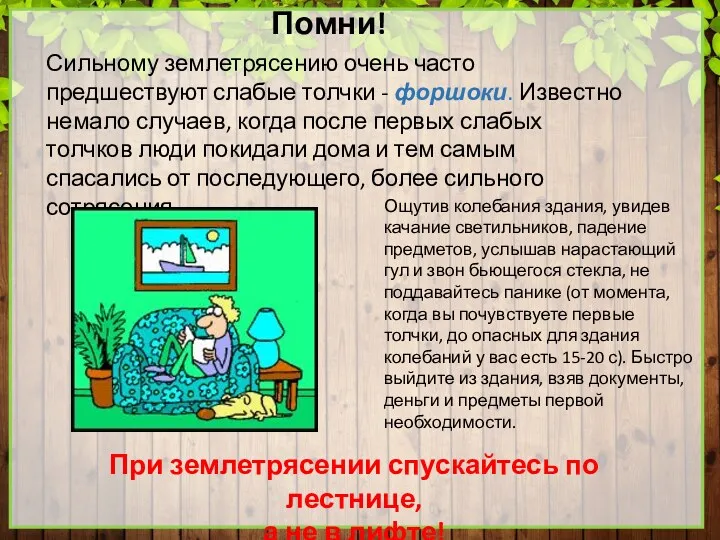 Помни! Сильному землетрясению очень часто предшествуют слабые толчки - форшоки.