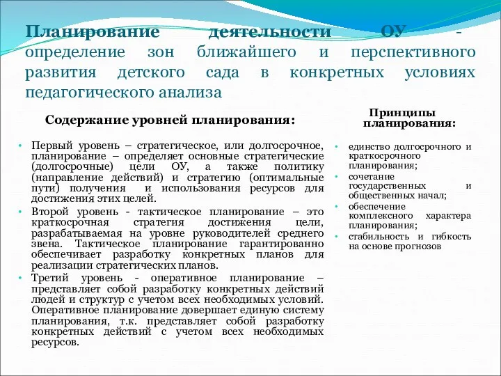 Планирование деятельности ОУ - определение зон ближайшего и перспективного развития