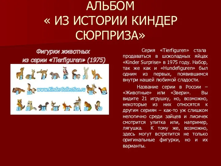 АЛЬБОМ « ИЗ ИСТОРИИ КИНДЕР СЮРПРИЗА» Фигурки животных из серии