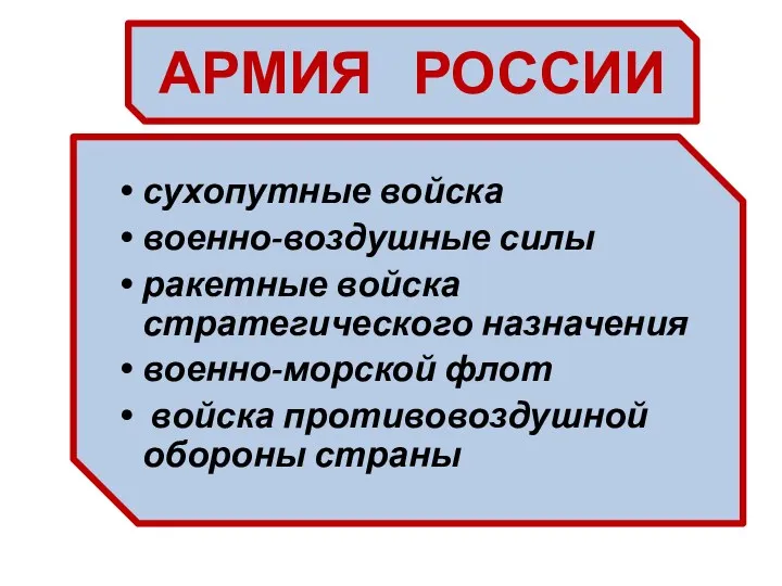 АРМИЯ РОССИИ сухопутные войска военно-воздушные силы ракетные войска стратегического назначения военно-морской флот войска противовоздушной обороны страны