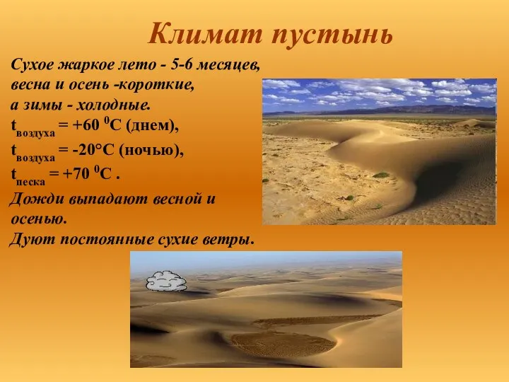 Климат пустынь Сухое жаркое лето - 5-6 месяцев, весна и осень -короткие, а