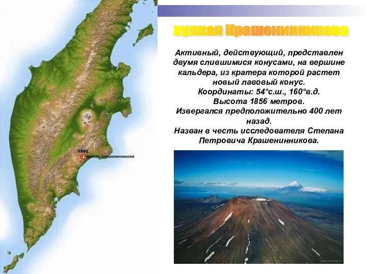 вулкан Крашенинникова Активный, действующий, представлен двумя слившимися конусами, на вершине