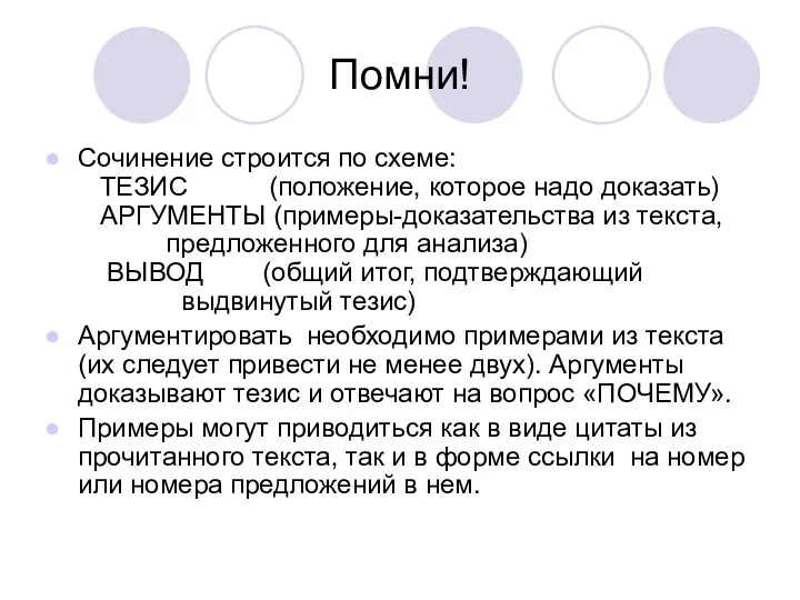 Помни! Сочинение строится по схеме: ТЕЗИС (положение, которое надо доказать)