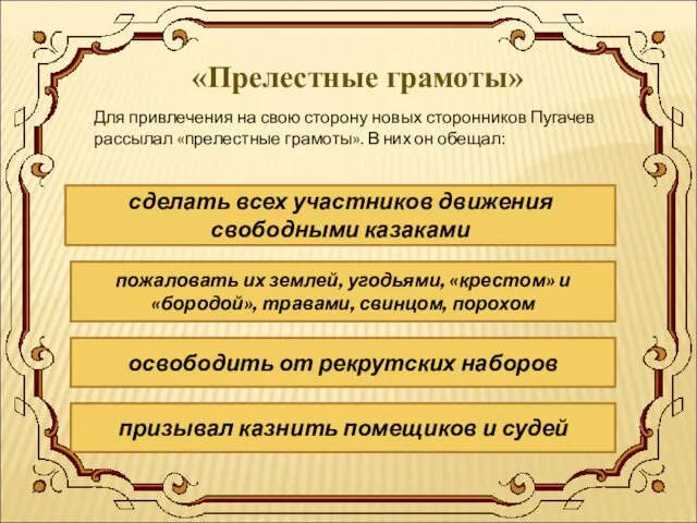 «Прелестные грамоты» Для привлечения на свою сторону новых сторонников Пугачев