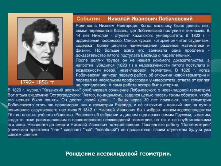 1792- 1856 гг Рождение неевклидовой геометрии.