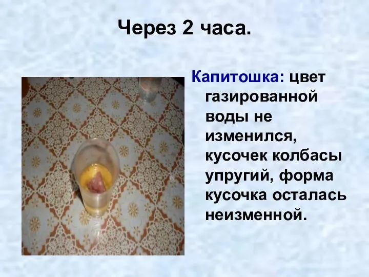 Через 2 часа. Капитошка: цвет газированной воды не изменился, кусочек колбасы упругий, форма кусочка осталась неизменной.