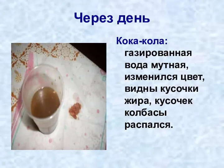 Через день Кока-кола: газированная вода мутная, изменился цвет, видны кусочки жира, кусочек колбасы распался.