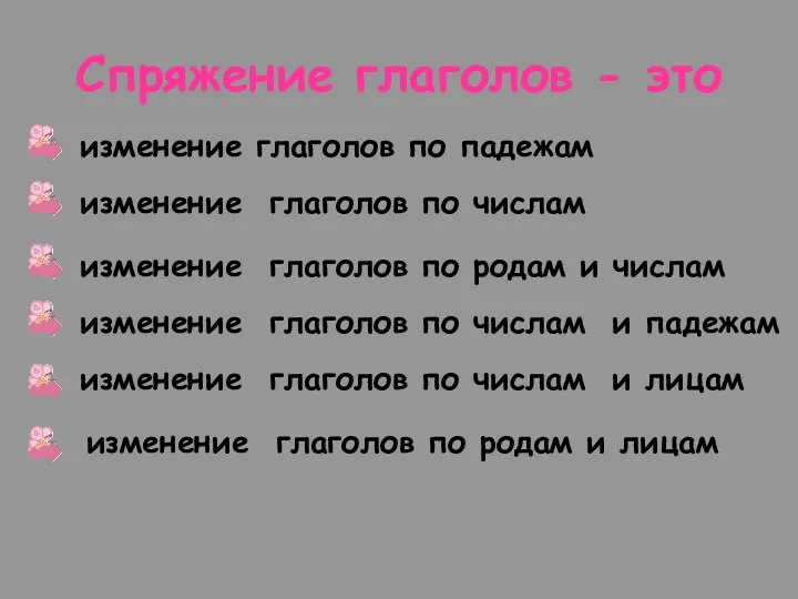 Спряжение глаголов - это изменение глаголов по падежам изменение глаголов