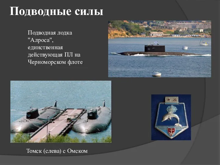 Подводные силы Подводная лодка "Алроса", единственная действующая ПЛ на Черноморском флоте. Томск (слева) с Омском