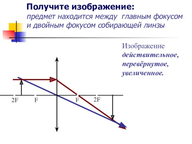 Получите изображение: предмет находится между главным фокусом и двойным фокусом собирающей линзы Изображение действительное, перевёрнутое, увеличенное.