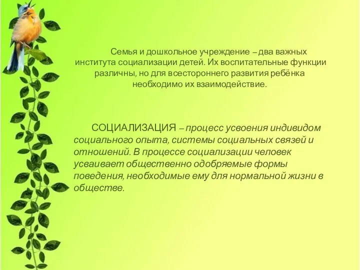 Семья и дошкольное учреждение – два важных института социализации детей.