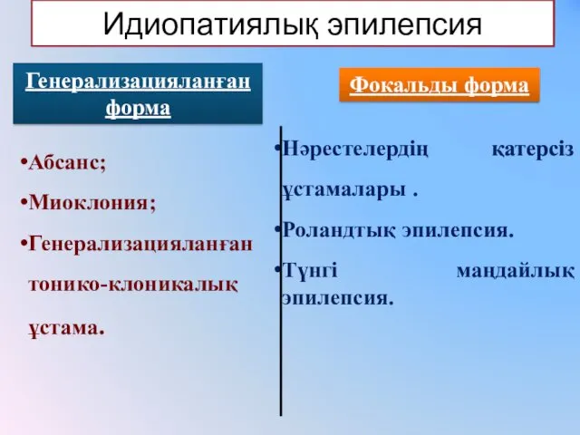 Идиопатиялық эпилепсия Генерализацияланған форма Фокальды форма Абсанс; Миоклония; Генерализацияланған тонико-клоникалық