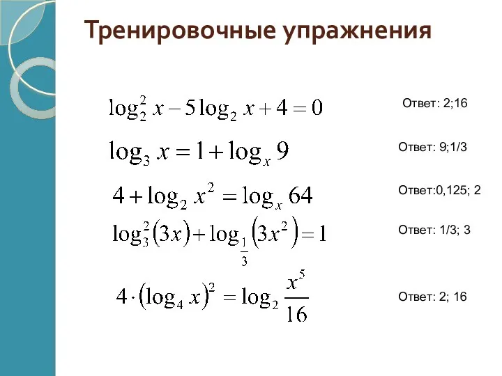 Тренировочные упражнения Ответ: 2;16 Ответ: 9;1/3 Ответ:0,125; 2 Ответ: 1/3; 3 Ответ: 2; 16