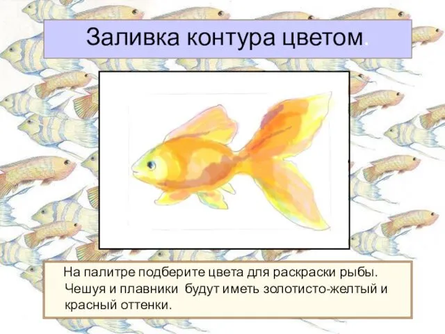 Заливка контура цветом. На палитре подберите цвета для раскраски рыбы.