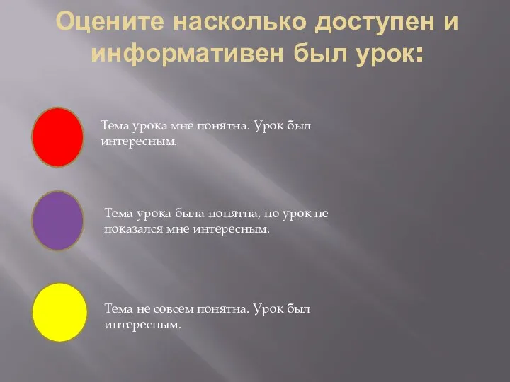 Оцените насколько доступен и информативен был урок: Тема урока мне понятна. Урок был