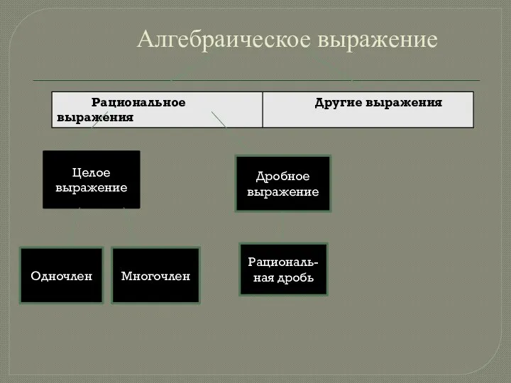 Алгебраическое выражение Целое выражение Дробное выражение Одночлен Многочлен Рациональ- ная дробь