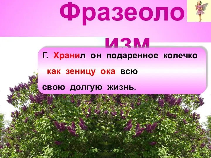 Фразеологизм Г. Хранил он подаренное колечко как зеницу ока всю свою долгую жизнь.