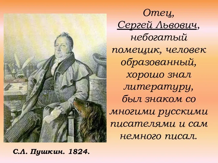 Отец, Сергей Львович, небогатый помещик, человек образованный, хорошо знал литературу,