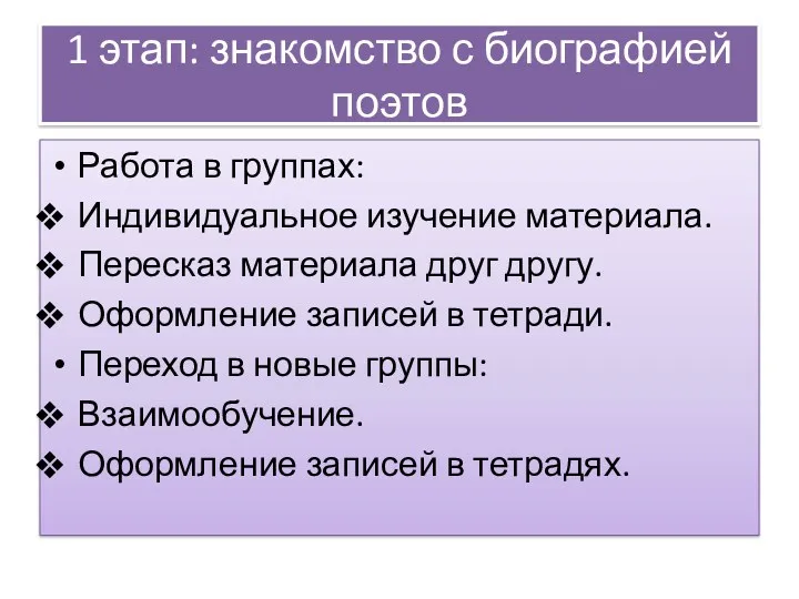 1 этап: знакомство с биографией поэтов Работа в группах: Индивидуальное