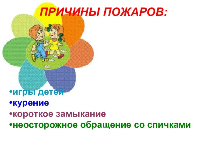 ПРИЧИНЫ ПОЖАРОВ: игры детей курение короткое замыкание неосторожное обращение со спичками