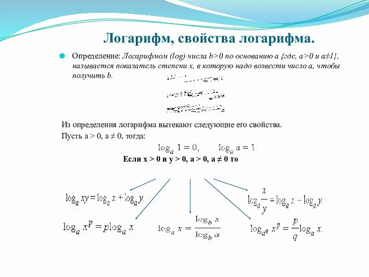 Логарифм, свойства логарифма. Определение: Логарифмом (log) числа b>0 по основанию