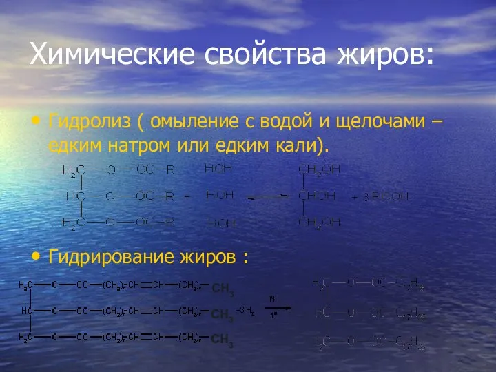 Химические свойства жиров: Гидролиз ( омыление с водой и щелочами – едким натром