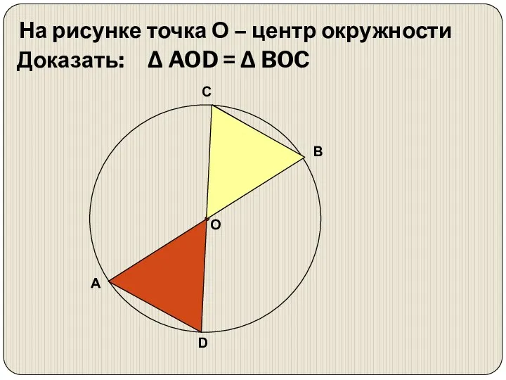 На рисунке точка О – центр окружности Доказать: Δ AOD = Δ BOC