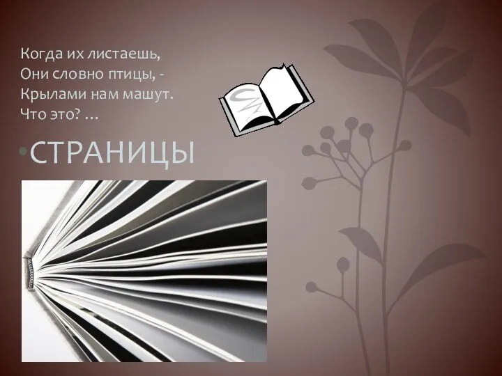 Когда их листаешь, Они словно птицы, - Крылами нам машут. Что это? … СТРАНИЦЫ