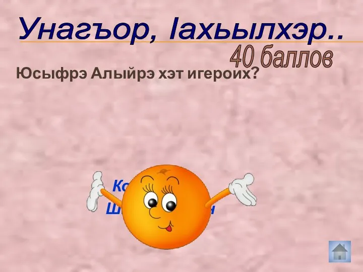 Юсыфрэ Алыйрэ хэт игероих? Кощбэе П. ШIухьафтын 40 баллов Унагъор, Iахьылхэр..