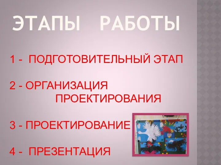 ЭТАПЫ РАБОТЫ 1 - ПОДГОТОВИТЕЛЬНЫЙ ЭТАП 2 - ОРГАНИЗАЦИЯ ПРОЕКТИРОВАНИЯ 3 - ПРОЕКТИРОВАНИЕ 4 - ПРЕЗЕНТАЦИЯ