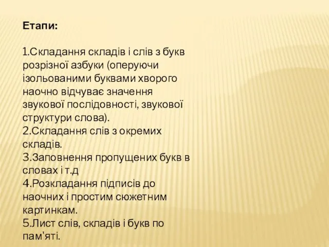 Етапи: 1.Складання складів і слів з букв розрізної азбуки (оперуючи