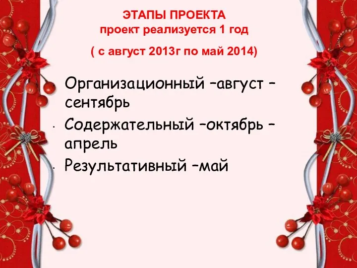 ЭТАПЫ ПРОЕКТА проект реализуется 1 год ( с август 2013г