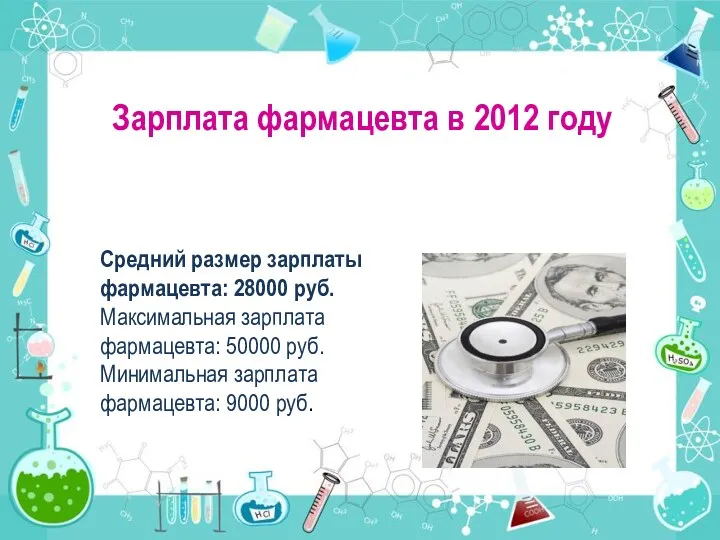Зарплата фармацевта в 2012 году Средний размер зарплаты фармацевта: 28000