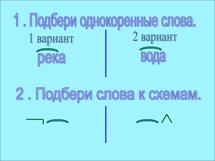 1 . Подбери однокоренные слова. 1 вариант 2 вариант река