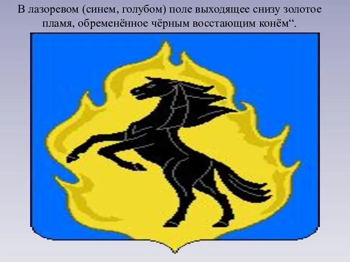 В лазоревом (синем, голубом) поле выходящее снизу золотое пламя, обременённое чёрным восстающим конём“.