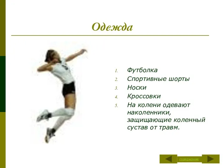 Одежда Футболка Спортивные шорты Носки Кроссовки На колени одевают наколенники, защищающие коленный сустав от травм. содержание