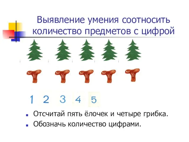 Выявление умения соотносить количество предметов с цифрой Отсчитай пять ёлочек и четыре грибка. Обозначь количество цифрами.