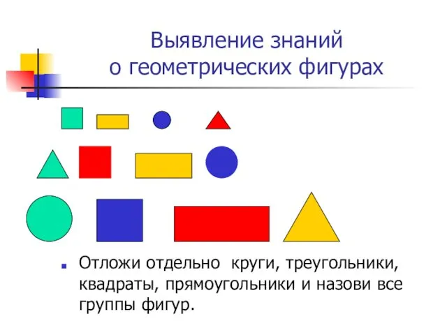 Выявление знаний о геометрических фигурах Отложи отдельно круги, треугольники, квадраты, прямоугольники и назови все группы фигур.