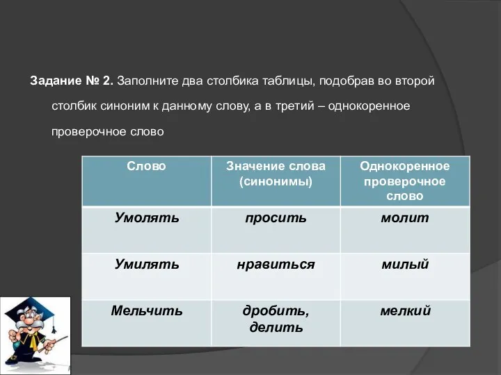 Задание № 2. Заполните два столбика таблицы, подобрав во второй